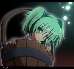Rule 34 | 1girl, bucket, character name, do (4-rt), female focus, green eyes, green hair, hair bobbles, hair ornament, in bucket, in container, kisume, letterboxed, matching hair/eyes, short hair, solo, text focus, touhou, translated, twintails