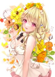 Rule 34 | 1girl, absurdres, bare arms, black bow, black bowtie, blonde hair, blush, bow, bowtie, breasts, brown flower, brown nails, cleavage, dress, floral background, flower, from side, hair flower, hair ornament, highres, holding, long hair, looking at viewer, looking to the side, medium breasts, nail polish, open mouth, orange flower, original, puracotte, purple eyes, signature, smile, solo, strapless, strapless dress, white dress, yellow flower