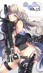 Rule 34 | 1girl, :p, ar-15, assault rifle, asymmetrical legwear, blue eyes, character name, copyright name, cowboy shot, deeple, from side, girls&#039; frontline, grey hair, gun, half-closed eyes, jacket, korean text, long hair, looking at viewer, open clothes, open jacket, parted lips, rifle, single thighhigh, solo, st ar-15 (girls&#039; frontline), thigh strap, thighhighs, thighs, tongue, tongue out, uneven legwear, weapon