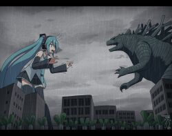 1girl aqua_eyes aqua_hair aqua_necktie black_skirt black_sleeves blue_eyes building detached_sleeves digiral giant giantess godzilla godzilla_(monsterverse) godzilla_(series) grey_shirt hatsune_miku headset highres kaiju long_hair necktie open_mouth outdoors pleated_skirt rain shirt skirt sleeveless sleeveless_shirt spring_onion thighhighs toho twintails very_long_hair vocaloid