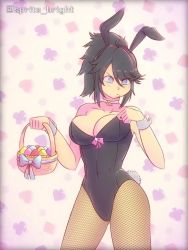 Rule 34 | animal ears, animated, basket, black hair, blue eyes, breasts, cleavage, clothes pull, easter egg, egg, fake animal ears, fishnets, gyorai, indie virtual youtuber, kson, large breasts, leotard, looping animation, pantyhose, playboy bunny, souchou, virtual youtuber, video