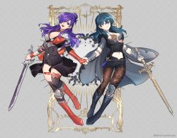 Rule 34 | 2girls, absurdres, arm guards, armor, blue hair, breasts, byleth (female) (fire emblem), byleth (fire emblem), cleavage, commission, female focus, fire emblem, fire emblem: three houses, fire emblem warriors, fire emblem warriors: three hopes, gloves, hair bun, hair over one eye, heroes relic (fire emblem), highres, holding, holding hands, holding sword, holding weapon, pantyhose under shorts, matching hair/eyes, medium breasts, multiple girls, nintendo, pantyhose, pixiv commission, print pantyhose, purple eyes, purple hair, shez (female) (fire emblem), shez (fire emblem), shorts, shoulder armor, silvercandy gum, single glove, single hair bun, smile, sword, sword of the creator, weapon