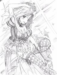 Rule 34 | 1girl, alice in wonderland, argyle, argyle clothes, argyle legwear, arm up, azumi (girls und panzer), breasts, cleavage, commentary, cosplay, crown, dress, flower, frilled sleeves, frills, garter straps, girls und panzer, girls und panzer senshadou daisakusen!, graphite (medium), greyscale, hand on own head, heart, highres, holding, holding wand, invisible chair, leg up, makicha (sasurainopink), medium breasts, medium dress, medium hair, monochrome, open mouth, parted bangs, puffy short sleeves, puffy sleeves, queen of hearts (alice in wonderland), queen of hearts (cosplay), rose, shoes, short sleeves, sitting, sketch, smile, solo, sparkle, thighhighs, traditional media, wand