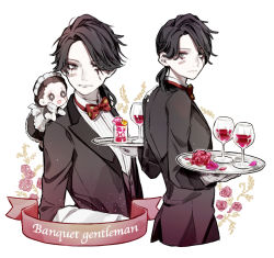 Rule 34 | aesop carl, bad id, bad pixiv id, black hair, bow, bowtie, button eyes, buttons, cup, drinking glass, dual wielding, emily dyer, flower, formal, gloves, hair over one eye, holding, holding tray, identity v, kouri (kyorosuukeeeeeee), long sleeves, maid, pale skin, petals, ponytail, red bow, scar, scar on face, short ponytail, simple background, suit, traditional bowtie, tray, waiter, white background, white gloves, wine glass