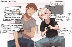Rule 34 | 2boys, black shirt, blue pants, brown hair, controller, corrin (fire emblem), corrin (male) (fire emblem), english text, fire emblem, fire emblem fates, glasses, grey shirt, hair between eyes, leaning to the side, multiple boys, nintendo, open mouth, pants, playing games, red eyes, samsara (shuukeura), shirt, short sleeves, single sidelock, sketch, slit pupils, spiked hair, tagme, talking, teeth, television, trap, upper teeth only, white hair