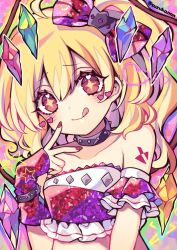Rule 34 | 1girl, :q, alternate costume, bare shoulders, blonde hair, facepaint, facial mark, flandre scarlet, gloves, heart, heart tattoo, highres, kyouda suzuka, looking at viewer, nail polish, pink nails, red nails, solo, tattoo, tongue, tongue out, touhou, v, wings