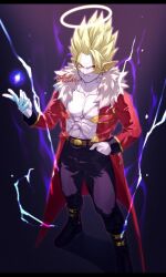 1boy abs belt_buckle black_border black_pants blonde_hair boots border buckle coat colored_skin cross_scar cube dragon_ball dragon_ball_heroes earrings from_above full_body fur-trimmed_coat fur_trim halo hand_in_pocket hearts_(dragon_ball) highres jewelry looking_at_viewer male_focus multicolored_skin muscular muscular_male nana_tsuba_(pixiv78353289) pants pectoral_cleavage pectorals pointy_ears red_coat red_eyes scar single_bang solo spiked_hair third-party_source twitter_username two-tone_skin yellow_skin