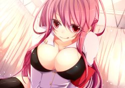 Rule 34 | 1girl, :q, armband, black bra, black thighhighs, bloodcatblack, bra, breasts, breasts out, cleavage, highres, infirmary, large breasts, long hair, looking at viewer, original, pink hair, pov, red eyes, solo, straddling, thighhighs, tongue, tongue out, underwear