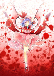 Rule 34 | 1girl, arm up, bat wings, blue hair, bobby socks, flower, hagiwara rin, hat, looking at viewer, mary janes, one eye closed, red eyes, remilia scarlet, rose, shoes, short hair, smile, socks, solo, touhou, white socks, wings, wink, wrist cuffs