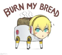 Rule 34 | 1girl, aegis (persona), android, blonde hair, blue eyes, blush stickers, bread slice, food, gofelem, hairband, meme, persona, persona 3, robot, solo, toast, toaster, white background