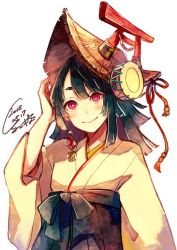 Rule 34 | 1girl, akagi shun, bad id, bad twitter id, black hair, black hakama, bright pupils, commentary request, dated, earrings, hakama, hakama skirt, hand up, hat, japanese clothes, jewelry, long sleeves, looking at viewer, medium hair, original, red eyes, signature, simple background, single earring, skirt, smile, solo, tassel, torii, upper body, white background, wide sleeves