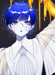 Rule 34 | 1other, androgynous, blue hair, blunt bangs, colored eyelashes, colored skin, cracked skin, crying, cyberpyunk, expressionless, gold, golden arms, heterochromia, highres, houseki no kuni, looking at viewer, melting, moon uniform (houseki no kuni), necktie, open mouth, phosphophyllite, phosphophyllite (ll), see-through, see-through sleeves, short hair, solo, very short hair, white eyes, white skin, wide sleeves
