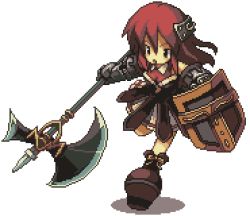 Rule 34 | 1girl, armor, axe, boots, dress, gauntlets, harushippuu, long hair, lowres, open mouth, pixel art, primiera, primiera (saga), pteruges, red hair, running, saga, saga frontier 2, shield, solo, weapon