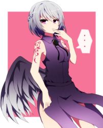 Rule 34 | ..., 1girl, angel wings, armpits, bad id, bad pixiv id, bare shoulders, covering own mouth, cowboy shot, dress, feathered wings, grey wings, kishin sagume, looking at viewer, pink background, pink eyes, purple dress, short hair, silver hair, single wing, sleeveless, sleeveless dress, solo, spoken ellipsis, tattoo, touhou, wings, you (noanoamoemoe)
