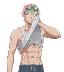 Rule 34 | 1boy, abs, artist request, cowboy shot, eyewear on head, glasses, headband, highres, koby (one piece), looking to the side, male focus, mocchi (mkz), navel, one piece, pants, pectorals, pink hair, sanpaku, short hair, sidepec, solo, standing, stomach, sweat, tank top, toned, toned male, track pants, white tank top, wiping face