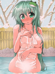 Rule 34 | 1girl, :o, breasts, collarbone, female focus, frog hair ornament, green eyes, green hair, hair ornament, kochiya sanae, large breasts, long hair, matching hair/eyes, naitou kouse, nude, onsen, partially submerged, solo, thighs, touhou, towel, very long hair, wet