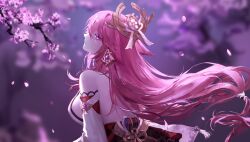 Rule 34 | 1girl, animal ears, bare shoulders, blurry, blurry background, branch, breasts, cherry blossoms, closed mouth, dangle earrings, detached sleeves, earrings, expressionless, falling petals, fek zin, floating hair, floppy ears, fox ears, genshin impact, head back, highres, japanese clothes, jewelry, large breasts, long hair, looking at viewer, low-tied long hair, nontraditional miko, petals, pink hair, purple eyes, sideboob, sideways glance, solo, tree, upper body, very long hair, yae miko