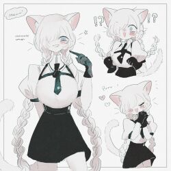 Rule 34 | !?, 1girl, animal ears, annei (obakeno555), black gloves, black skirt, cat ears, cat girl, cat tail, gloves, hair over one eye, multiple views, original, pointing, pointing at self, skirt, tail, twintails