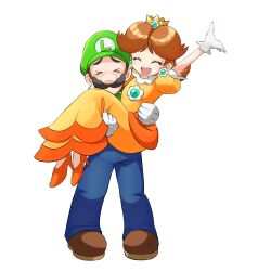 Rule 34 | 1boy, 1girl, brooch, brown hair, carrying, carrying person, closed eyes, crown, dress, earrings, facial hair, flower earrings, gloves, grin, hand up, hat, high heels, highres, holding, jewelry, looking at viewer, luigi, mario (series), mustache, nintendo, open mouth, orange dress, overalls, princess carry, princess daisy, puffy short sleeves, puffy sleeves, short sleeves, smile, standing, super mario bros. 1, super mario land