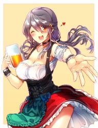 Rule 34 | 1girl, ;d, alcohol, alternate costume, alternate hairstyle, apron, armpits, beer, beer mug, black hair, blush, breasts, choker, cleavage, collarbone, commentary, corset, cowboy shot, cup, dirndl, dress, german clothes, hair between eyes, hair ornament, hair tie, hairband, hairclip, haruna (kancolle), highres, holding, holding cup, jewelry, kantai collection, large breasts, long hair, looking at viewer, mug, oktoberfest, one eye closed, open mouth, outside border, reaching, reaching towards viewer, ring, simple background, smile, solo, thighs, tsukui kachou, twintails, underbust, wedding band