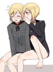 Rule 34 | 2girls, bare legs, between legs, blonde hair, blue eyes, blush, closed eyes, covering own mouth, erica hartmann, glasses, hand between legs, highres, jacket, leg up, military, military uniform, multiple girls, open mouth, sayama (chiwan0830), short hair, siblings, sisters, sitting, smile, strike witches, strike witches: suomus misfits squadron, uniform, ursula hartmann, whispering, white background, world witches series