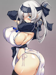 Rule 34 | 1girl, ainu, ainu clothes, arched back, arms behind head, ass, bandana, black thighhighs, blue eyes, blush, breasts, chestnut mouth, commentary request, cropped jacket, curvy, dress, folded ponytail, from side, hair between eyes, headband, highres, huge ass, kamoi (kancolle), kantai collection, large breasts, long sleeves, looking at viewer, narrow waist, open mouth, panties, pantylines, pelvic curtain, sash, shiny skin, side-tie panties, sideboob, sidelocks, sleeveless, sleeveless dress, solo, thick eyebrows, thighhighs, thighs, torisan, underwear, white dress, white hair, wrist guards