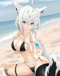 Rule 34 | 1girl, absurdres, ahoge, ame flame, animal ear fluff, animal ears, arm ribbon, beach, bikini, black bikini, black thighhighs, blurry, blurry background, blush, braid, breasts, cloud, cloudy sky, commentary request, day, double fox shadow puppet, fox ears, fox girl, fox shadow puppet, fox tail, green eyes, hair between eyes, hand on own chest, highres, hololive, key, large breasts, long hair, looking at viewer, navel, ocean, outdoors, ribbon, shirakami fubuki, sidelocks, single braid, single thighhigh, sitting, sky, smile, solo, swimsuit, tail, thigh strap, thighhighs, virtual youtuber, wariza, white hair