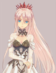 Rule 34 | 1girl, armor, armored dress, blue eyes, braid, breasts, choker, cleavage, diamond hairband, dress, grey background, hair between eyes, hairband, highres, holding own arm, lace sleeves, long hair, long sleeves, looking to the side, medium breasts, niku (mikantabetaizoo), pink hair, ponytail, red hairband, shionne (tales), side braid, sidelocks, solo, tales of (series), tales of arise, upper body, white dress
