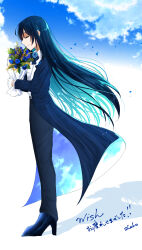 Rule 34 | 1girl, ado (utaite), black pants, blue coat, blue flower, blue hair, blue rose, bouquet, chando (ado), closed eyes, closed mouth, cloud nine inc, coat, colored inner hair, commentary request, floating hair, flower, gloves, high heels, highres, holding, holding bouquet, long hair, long sleeves, multicolored hair, open clothes, open coat, pants, rose, shadow, shoko (gs music11), sidelocks, solo, translation request, two-tone hair, utaite, white gloves, wish (ado)