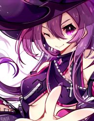 Rule 34 | 1girl, aisha landar, closed mouth, elsword, fingernails, hat, long hair, looking at viewer, nail polish, no nose, one eye closed, oz sorcerer (elsword), purple eyes, purple hair, purple hat, purple nails, runia (runia0), signature, simple background, smile, solo, upper body, white background