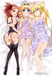 Rule 34 | 3girls, absurdres, angelica (fate/kaleid liner), angelica ainsworth, aoki shinpei (animator), armpits, arms up, ass, bare legs, bare shoulders, barefoot, beatrice flowerchild, bed sheet, black legwear, blonde hair, blue eyes, blush, breasts, cleavage, dakimakura (medium), drill hair, erica ainsworth, fate/kaleid liner prisma illya, fate (series), feet, garter belt, garter straps, grin, hair between eyes, highres, huge ass, large breasts, legs, long hair, looking at viewer, looking back, megami magazine, multiple girls, no shoes, non-web source, official art, red hair, sharp teeth, shiny skin, small breasts, smile, soles, teeth, thighhighs, thong, toes, topless, twintails, very long hair, yellow eyes