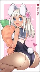 Rule 34 | 10s, 1girl, 2015, :d, animal ears, ass, back-seamed legwear, blonde hair, blue eyes, blush, carrot, dated, fake animal ears, fishnet pantyhose, fishnets, flower, from behind, hair flower, hair ornament, heart, highres, image sample, kantai collection, kuro chairo no neko, leotard, long hair, looking back, one-piece tan, open mouth, pantyhose, playboy bunny, rabbit ears, rabbit tail, resolution mismatch, ro-500 (kancolle), seamed legwear, smile, solo, source larger, stuffed toy, tail, tan, tanline, twitter username
