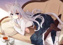 Rule 34 | 1girl, animal ears, antenna hair, blouse, blue eyes, cat ears, cat tail, couch, cup, highres, long skirt, nuko miruku, on couch, pantyhose, pillow, shirt, skirt, solo, tagme, tail, tea, teacup, teapot, underskirt, white hair, white shirt