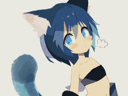 Rule 34 | 1girl, animal ear fluff, animal ears, bandeau, bare shoulders, black bandeau, blue eyes, blue hair, blush stickers, closed mouth, collarbone, grey background, hair between eyes, long hair, navel, original, pappii (paprika shikiso), paprika shikiso, simple background, solo, strapless, tail, tail raised, upper body, v-shaped eyebrows