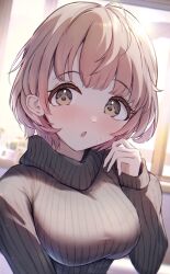 Rule 34 | 1girl, black sweater, blush, breasts, brown hair, chestnut mouth, coffee upa, dot nose, hand up, highres, idolmaster, idolmaster shiny colors, idolmaster shiny colors song for prism, ikuta haruki, indoors, long sleeves, looking at viewer, medium breasts, short hair, solo, sweatdrop, sweater, turtleneck, turtleneck sweater, upper body, window, yellow eyes