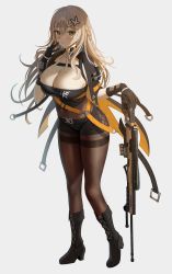 Rule 34 | 1girl, absurdres, black footwear, black gloves, black shirt, black shorts, blonde hair, boots, braid, breasts, brown pantyhose, cape, cleavage, covered navel, crop top, full body, gloves, green eyes, gun, hair between eyes, hair ornament, hairclip, hand up, highres, holding, holding gun, holding weapon, korean commentary, large breasts, lee nabi, long hair, looking at viewer, myabit, pantyhose, rifle, scope, shirt, short shorts, shorts, simple background, sniper rifle, solo, soulworker, standing, thighband pantyhose, weapon, white background, wing collar