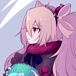 Rule 34 | 1girl, azami (flower knight girl), commentary request, flower knight girl, fur-trimmed collar, fur trim, hair between eyes, hair ornament, highres, long hair, looking away, muccnoir, pink hair, purple background, red eyes, solo, two-tone background, upper body, white background