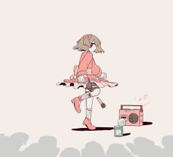 Rule 34 | 1girl, 6+others, absurdres, avogado6, beige background, belt bow, black eyes, bow, brown hair, busking, can, commentary request, dancing, dress, dropping, frilled dress, frilled kneehighs, frilled sleeves, frills, full body, gun, hair bow, hair ornament, hairclip, hands up, heart, highres, holding, holding gun, holding weapon, holster, knee up, kneehighs, knife, knife sheath, knife sheath, layered dress, light blush, long sleeves, looking at viewer, looking to the side, medium hair, microphone, multiple others, music, musical note, no mouth, no sclera, original, pink bow, pink dress, pink footwear, pleated dress, radio, shadow, sheath, short twintails, simple background, socks, solo focus, thigh holster, twintails, weapon, white socks