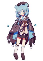Rule 34 | 1girl, animal ears, aqua eyes, aqua hair, aqua necktie, arknights, bear ears, bear girl, belt, beret, black hat, black jacket, black skirt, blush, book, braid, brown footwear, cardigan, closed mouth, collared shirt, commentary request, cot (co2cotton), dot mouth, full body, grey cardigan, hair ornament, hat, head tilt, highres, holding, holding book, istina (arknights), jacket, long hair, long sleeves, looking at viewer, monocle, necktie, shirt, shoes, simple background, skirt, socks, solo, star (symbol), star hair ornament, strap, white background, white shirt, white socks