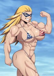 Rule 34 | 1girl, abs, american flag bikini, artist name, bikini, blonde hair, blue eyes, boku no hero academia, breasts, bulge, cathleen bate, domino mask, elee0228, erection, erection under clothes, flag print, highres, large breasts, long hair, loquillo, mask, muscular, muscular arms, muscular female, navel, outdoors, sky, smile, solo, star and stripe, swimsuit, teeth
