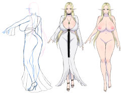 Rule 34 | 1girl, arms at sides, ass, blonde hair, blue eyes, breasts, character sheet, choker, cleavage, comparison, completely nude, curvy, dress, earrings, elf, female focus, full body, high heels, huge breasts, jewelry, lena (usaginagomu), long hair, long skirt, looking at viewer, mature female, multiple persona, navel, necklace, nipples, no pussy, nude, original, partially colored, pointy ears, see-through, shoes, simple background, sketch, skirt, standing, thigh gap, usagi nagomu, white background, wide hips