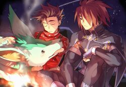 Rule 34 | 2boys, animal, arm on knee, brown eyes, brown hair, campfire, cape, cleavage cutout, closed eyes, closed mouth, clothing cutout, detached sleeves, embers, father and son, fingerless gloves, gloves, kratos aurion, large ears, lloyd irving, looking at animal, male focus, multiple boys, night, noishe, on ground, parted lips, petting, red shirt, sagami jon, shirt, sitting, sleeping, sleeping upright, spoilers, suspenders, tales of (series), tales of symphonia, tongue, tongue out