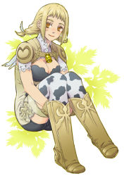 Rule 34 | 00s, 1girl, animal print, bad id, bad pixiv id, bell, blonde hair, boots, braid, breasts, brown footwear, cleavage, cow print, final fantasy, final fantasy xii, large breasts, new year, penelo, romper, saida nika, solo, square enix, thighhighs, twin braids