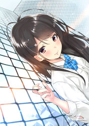 Rule 34 | 1girl, antenna hair, blue bow, blue bowtie, blue sky, blush, bow, bowtie, brown eyes, brown hair, buttons, chain-link fence, closed mouth, collared shirt, day, dutch angle, fence, fingernails, hair ornament, hairclip, kinugasa yuuichi, lips, long hair, long sleeves, looking at viewer, original, rooftop, shirt, sky, smile, solo, uniform, upper body, white shirt, wing collar