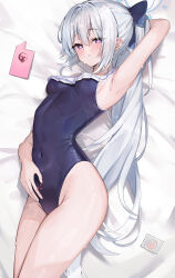 Rule 34 | 1girl, absurdres, armpits, ass, bare arms, bare legs, bare shoulders, bed sheet, black one-piece swimsuit, blue archive, blue halo, blush, commentary request, cowboy shot, frilled one-piece swimsuit, frills, grey hair, halo, highres, long hair, looking at viewer, miyako (blue archive), miyako (swimsuit) (blue archive), off-shoulder one-piece swimsuit, off shoulder, one-piece swimsuit, purple eyes, seven star (jkmjktjtwmjt), solo, swimsuit