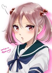 Rule 34 | 1girl, badge, blue sailor collar, commentary request, dated, hair bobbles, hair ornament, highres, johssnny, kantai collection, looking at viewer, one-hour drawing challenge, open mouth, pink hair, red eyes, sailor collar, sazanami (kancolle), school uniform, serafuku, short hair, simple background, solo, twintails, twitter username, upper body, white background