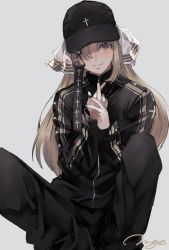 Rule 34 | 1girl, alternate costume, baseball cap, black hat, blurry, blurry foreground, covering own mouth, crossed fingers, grey background, grin, gun, handgun, hat, highres, holding, holding gun, holding weapon, light brown hair, long hair, long sleeves, looking at viewer, nail polish, nijisanji, one eye covered, ribbon, rosary, signature, simple background, sister claire, sitting, smile, solo, streetwear, upper body, user rgvd5324, virtual youtuber, weapon, white ribbon, x fingers, yellow eyes, zipper, zipper pull tab