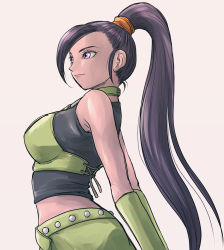 Rule 34 | 1girl, black shirt, breasts, cape, choker, commentary request, dragon quest, dragon quest xi, green cape, green choker, green wristband, grey background, hair ornament, hair scrunchie, high ponytail, highres, large breasts, long hair, martina (dq11), midriff, orange scrunchie, pekuchin (pekuchin 3), ponytail, purple eyes, purple hair, scrunchie, shirt, simple background, sleeveless, sleeveless shirt, solo, upper body, very long hair, waist cape