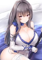 Rule 34 | 1girl, azur lane, bare shoulders, blue scarf, breasts, cleavage, commission, dress, elbow gloves, evening gown, fingerless gloves, gloves, grey hair, highres, kousi sirazawa, large breasts, long hair, lying, mole on body, official alternate costume, on side, pixiv commission, purple eyes, saint-louis (azur lane), saint-louis (holy knight&#039;s resplendence) (azur lane), saint-louis (holy knight&#039;s resplendence) (azur lane), scarf, sleeveless, sleeveless dress, solo, thighhighs, white dress, white thighhighs