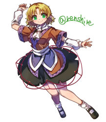 Rule 34 | 1girl, arm warmers, black footwear, black shirt, black skirt, blonde hair, blush, breasts, brown shirt, closed mouth, commentary request, full body, green eyes, highres, looking at viewer, mary janes, medium breasts, mizuhashi parsee, one-hour drawing challenge, parted bangs, pointy ears, renshirenji, sash, scarf, shirt, shoes, short hair, short sleeves, simple background, skirt, smile, socks, solo, touhou, twitter username, undershirt, white background, white sash, white scarf, wide sleeves